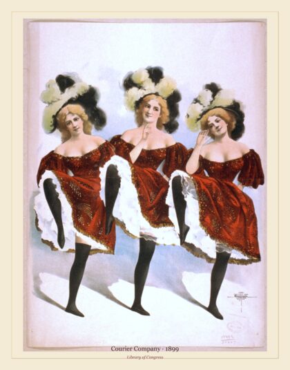 Courier Company — Three dancing women in red costumes and feathers (1899)