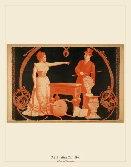 U.S. Printing Co. — Phil Sheridan's New City Sports Company woman in lowcut dress pointing (1899)