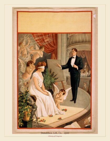 Donaldson Lith. Co. — Hypnotist and blindfolded woman with angels on stage (1900)