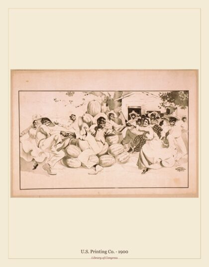U.S. Printing Co. — African Americans dancing around a pile of watermelons (1900)