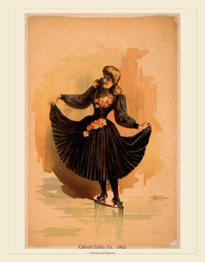 Calvert Litho. Co. — Blond woman in black dress with roses holding up skirt (1892)