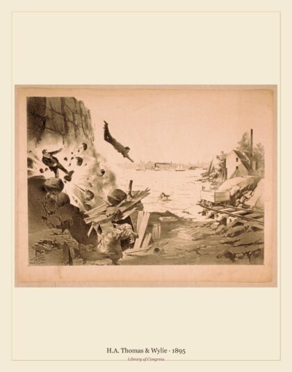 H.A. Thomas & Wylie — Explosion in rock formation with people running (1895)