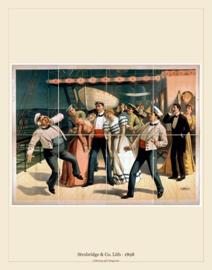 Strobridge & Co. Lith — Group of sailors and passengers aboard ship (1898)