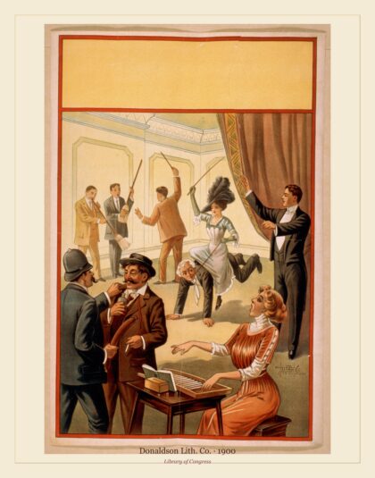 Donaldson Lith. Co. — Hypnotist directing group of people to do unusual activities (1900)