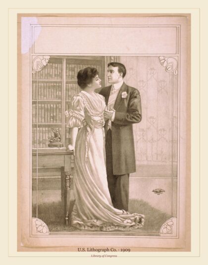 U.S. Lithograph Co. — Couple embracing in library (1909)