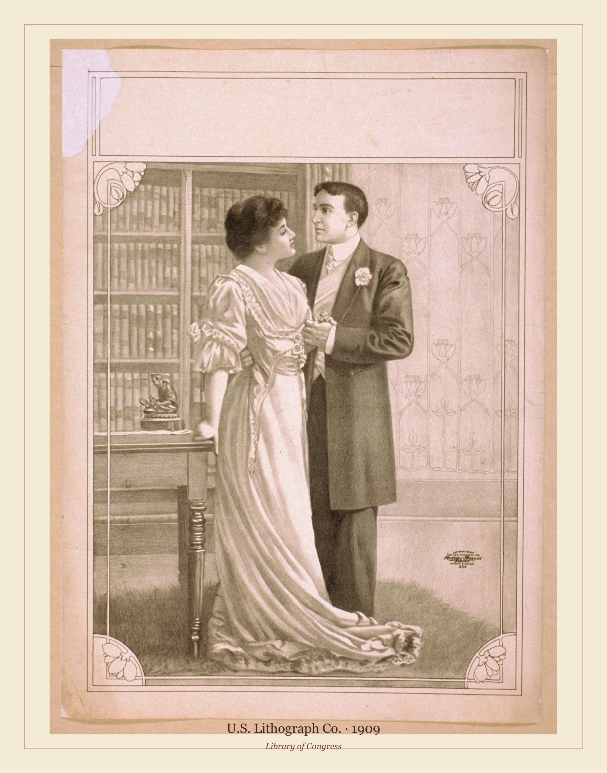 U.S. Lithograph Co. — Couple embracing in library (1909)